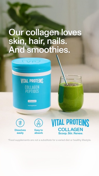 This creative showcases a Collagen Peptides supplement jar next to a healthy smoothie, highlighting ease of use and health benefits through clear text overlays.